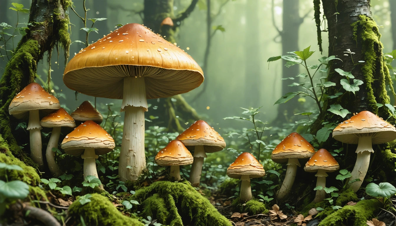 Cluster of orange mushrooms with white speckles in a misty forest, surrounded by green moss and foliage