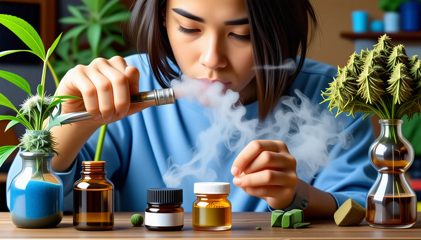 Person in blue shirt exhaling vapor from a device, surrounded by glass jars with plants and small bottles on a table