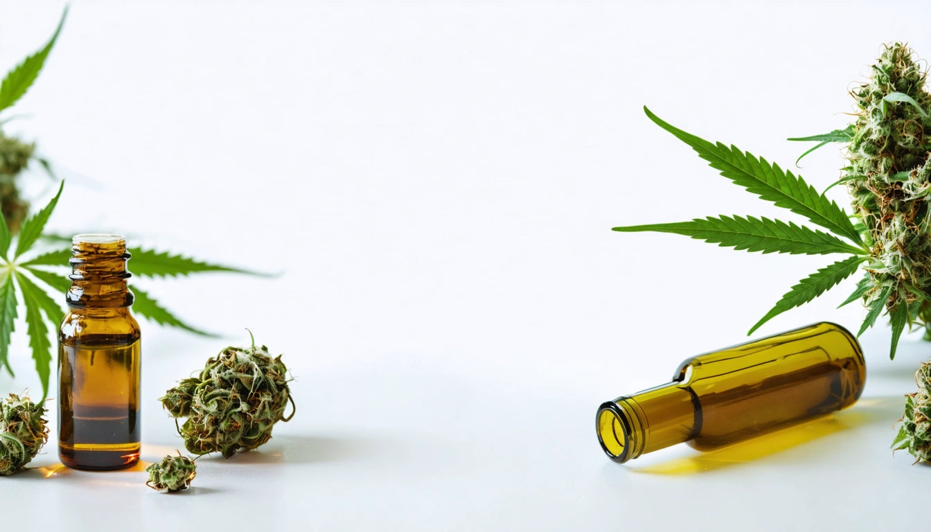 Amber glass bottles, cannabis buds, and green leaves on a white background