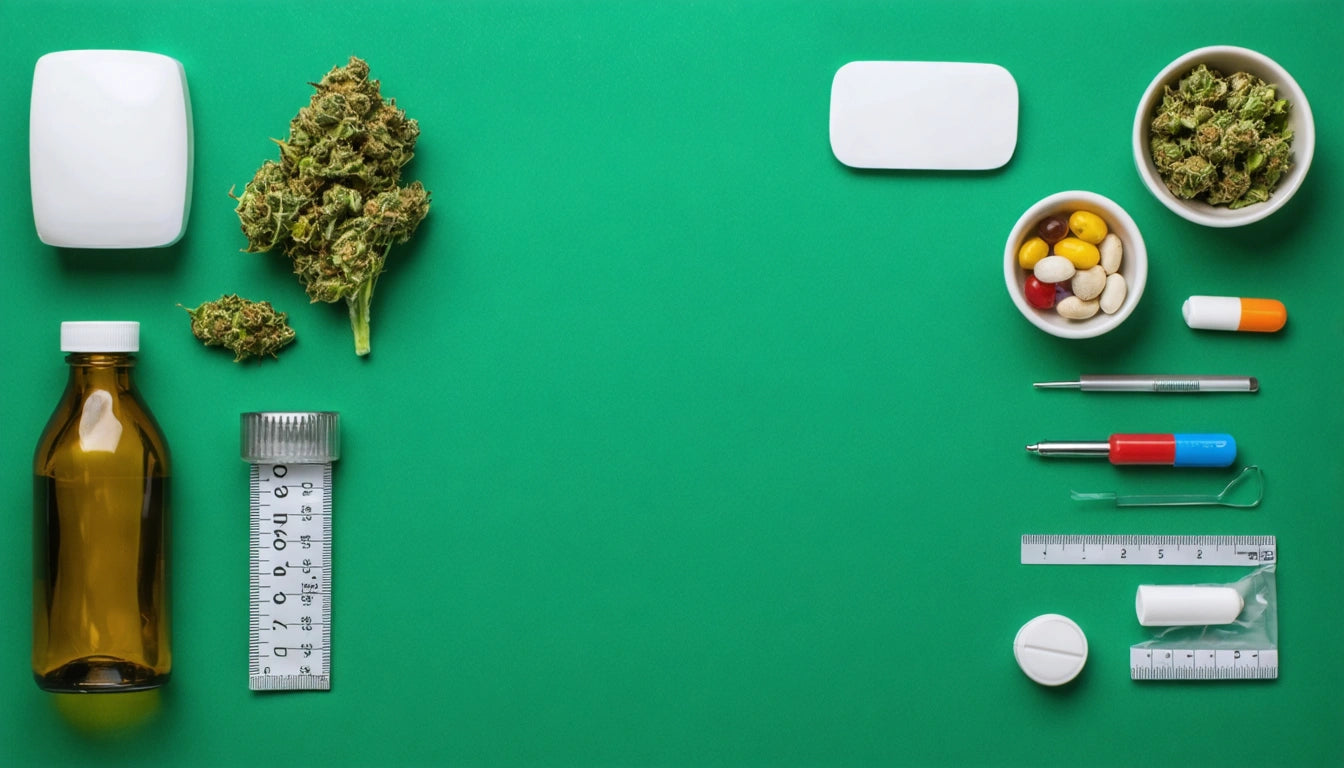 Brown bottle, ruler, and cannabis buds on left; pills, pen, and small bowls on right; all on green background