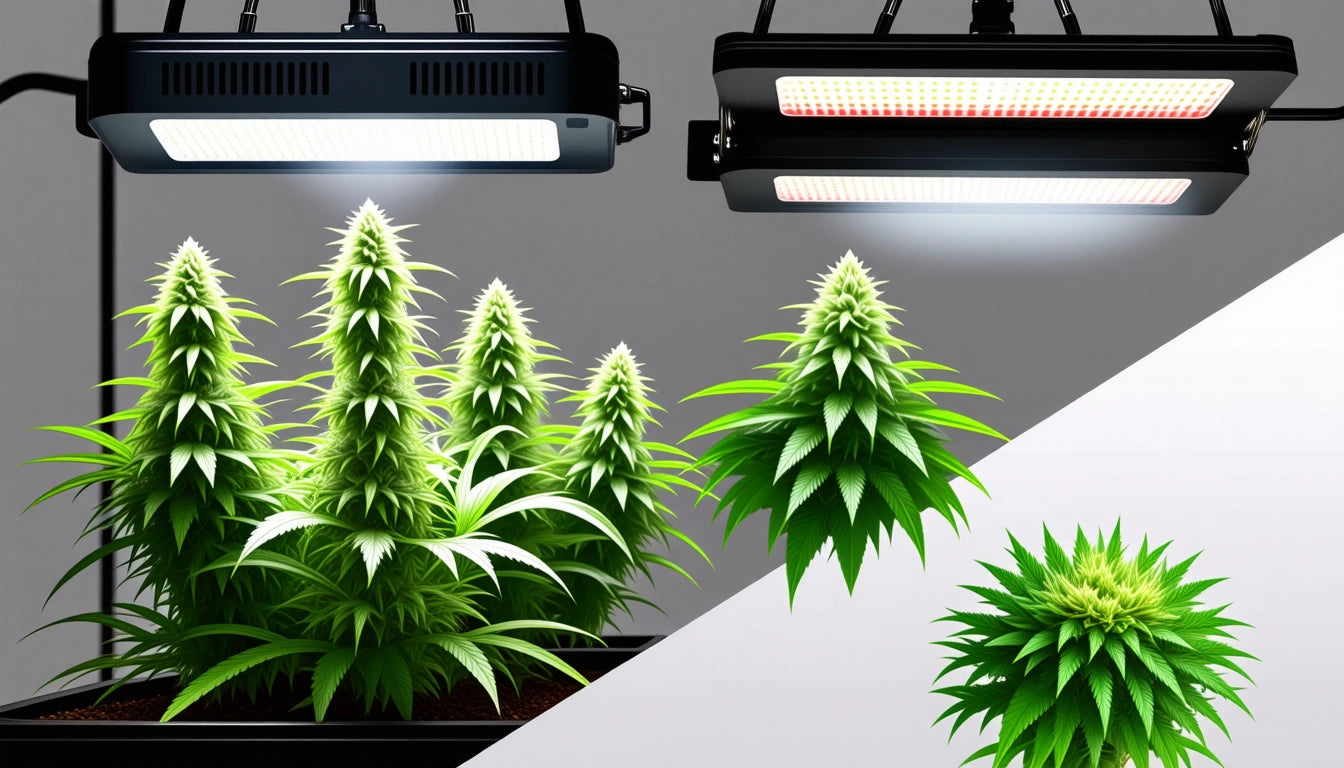 Two LED grow lights above lush green plants with spiky leaves in a dark room, one light emitting white, the other red light