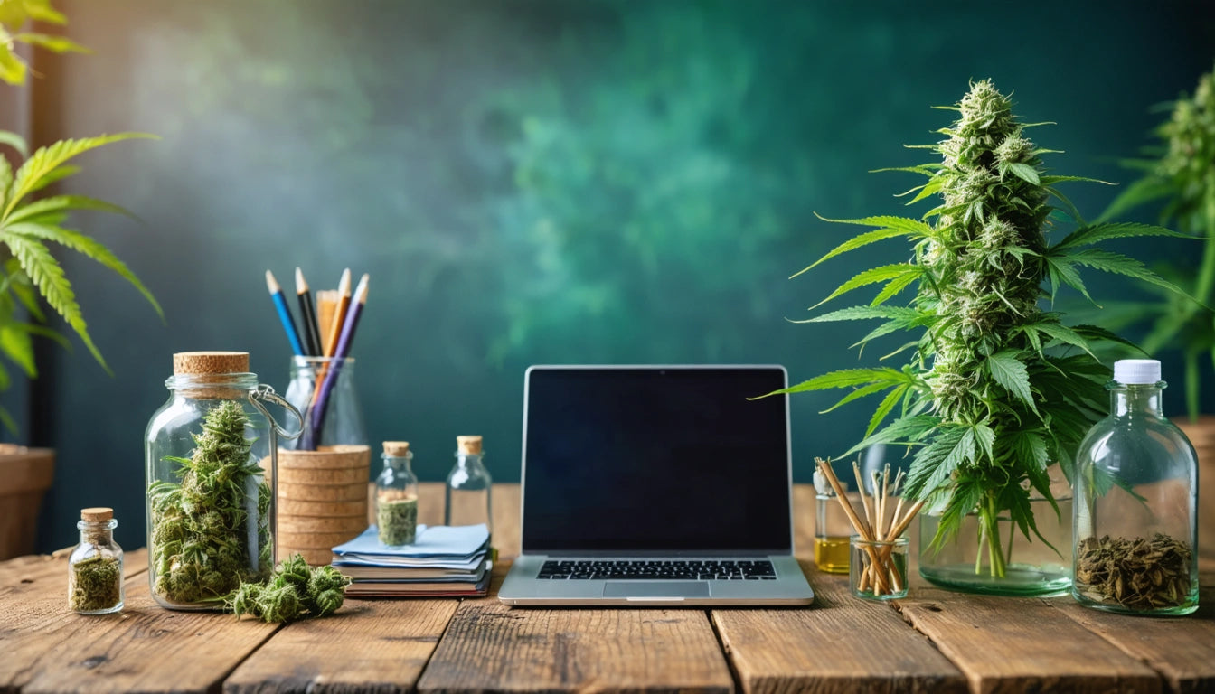 Laptop on wooden table surrounded by jars of plants, colored pencils, and a large leafy plant on the right