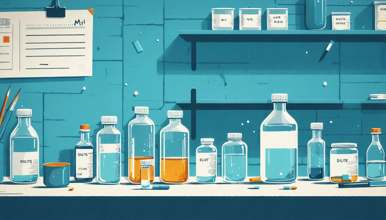 Laboratory table with various glass bottles filled with liquids, shelves above, and a wall with papers and small containers