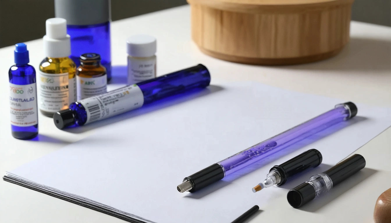 Blue and amber bottles, white jars, and two purple pens on a white surface with a wooden container in the background