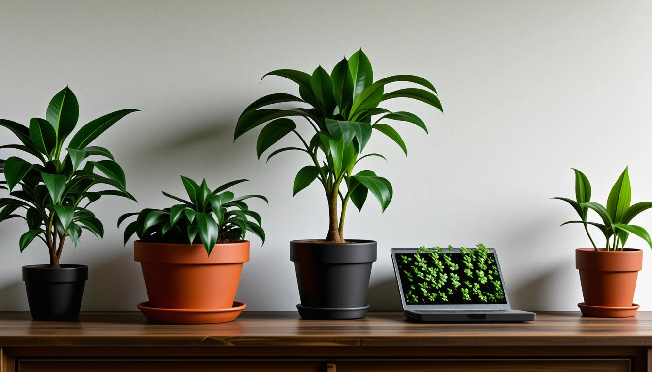 Three potted plants on a wooden table, with a laptop displaying green leaves on the screen