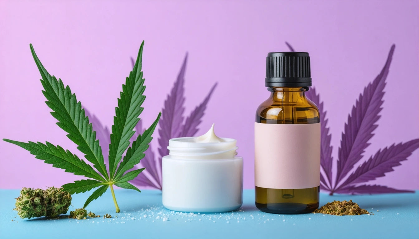 Cannabis leaf, white cream jar, amber bottle with pink label, and cannabis buds on blue surface, purple background