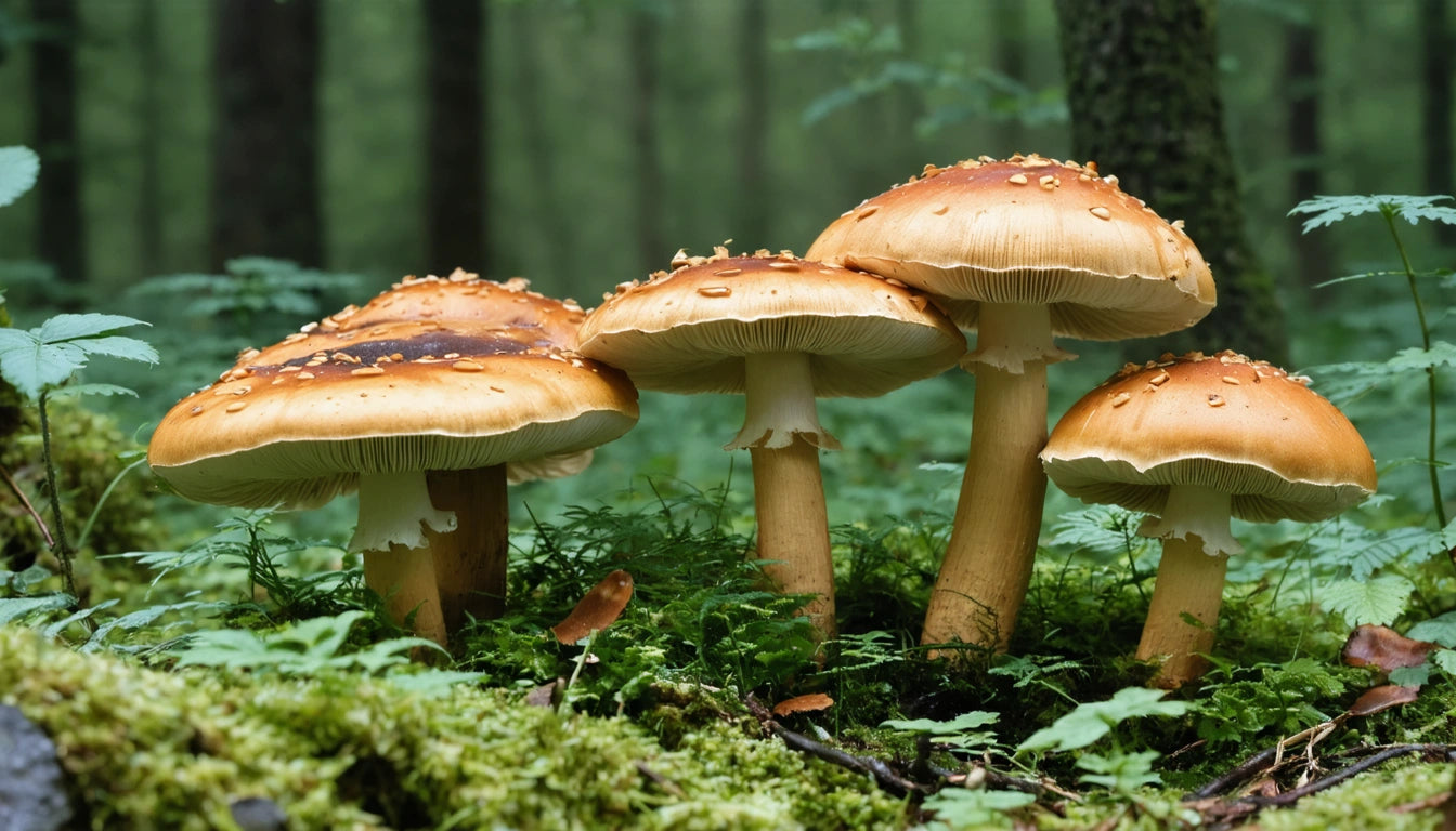 Four brown mushrooms with white stems growing among green moss in a forest setting