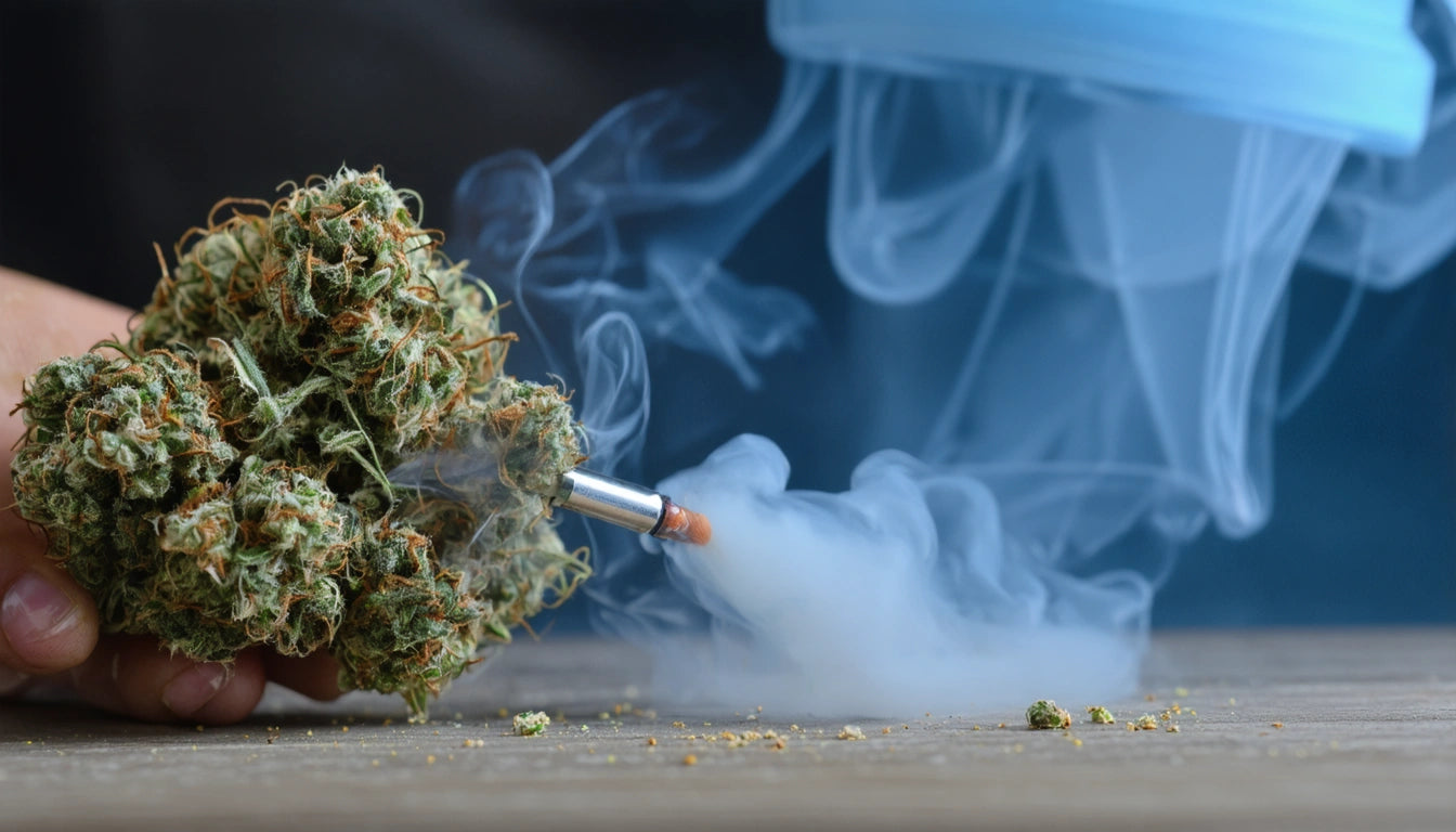 Hand holding a dense green plant with orange hairs, smoke swirling from a metal tool, on a wooden surface