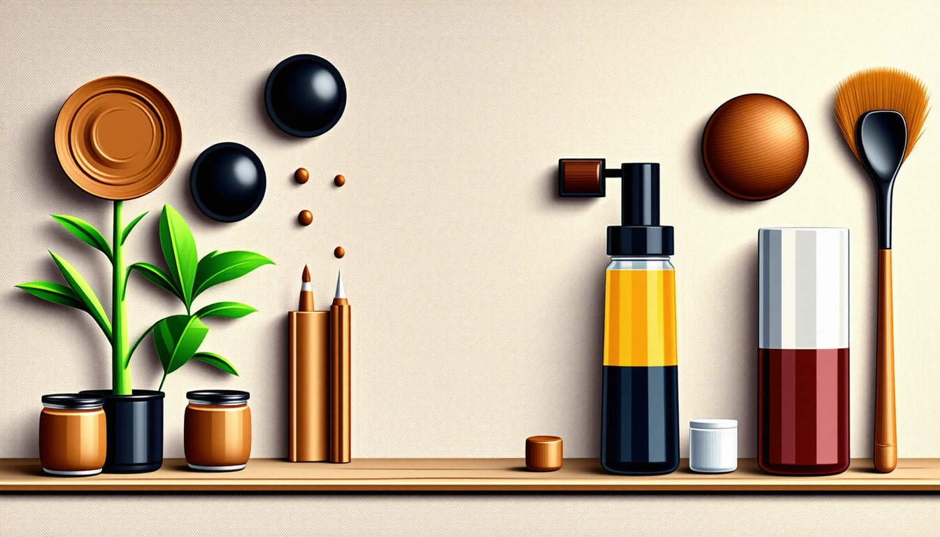 Two potted plants, makeup items, and brushes on a wooden shelf against a beige background