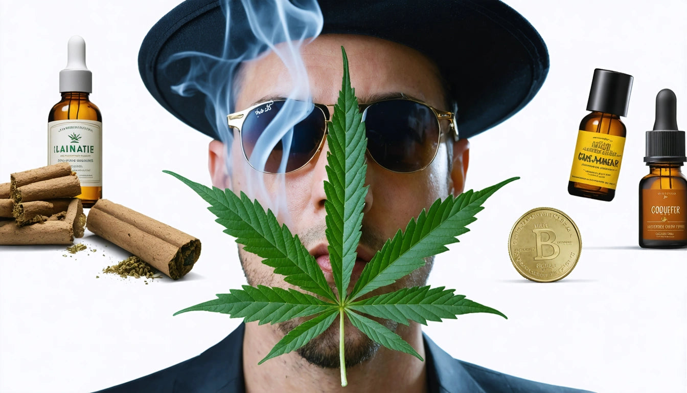 Man in sunglasses and hat with smoke, cannabis leaf in front of face, surrounded by bottles, cinnamon sticks, and a coin