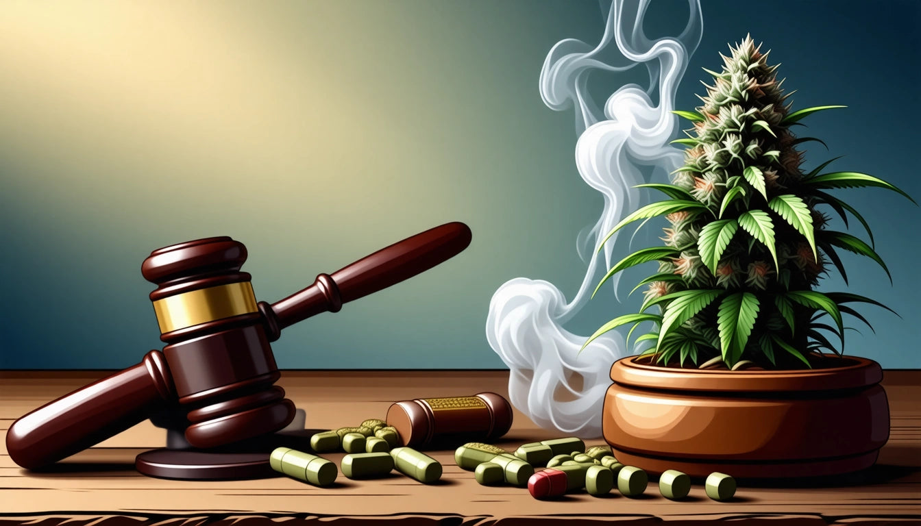 Gavel and capsules on table beside potted plant with smoke rising, against a gradient background