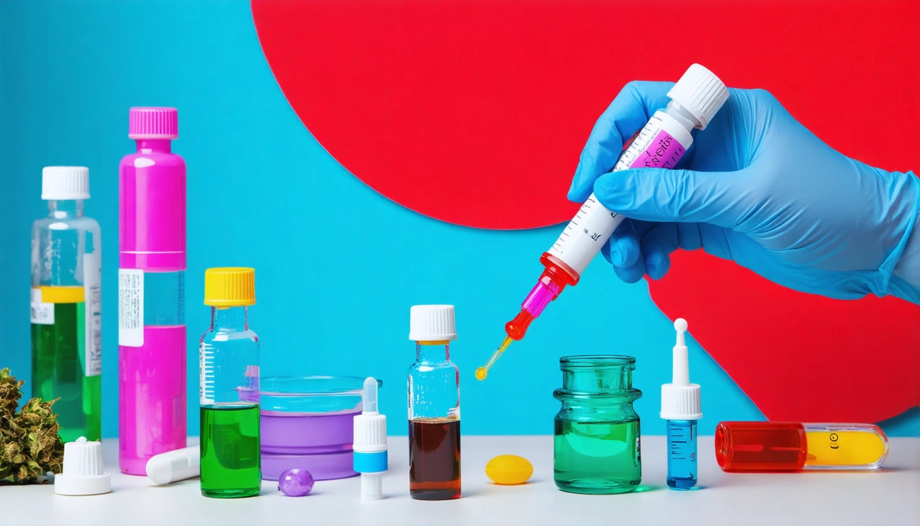 Gloved hand holding syringe above colorful liquid-filled bottles on white surface, bright blue and red background