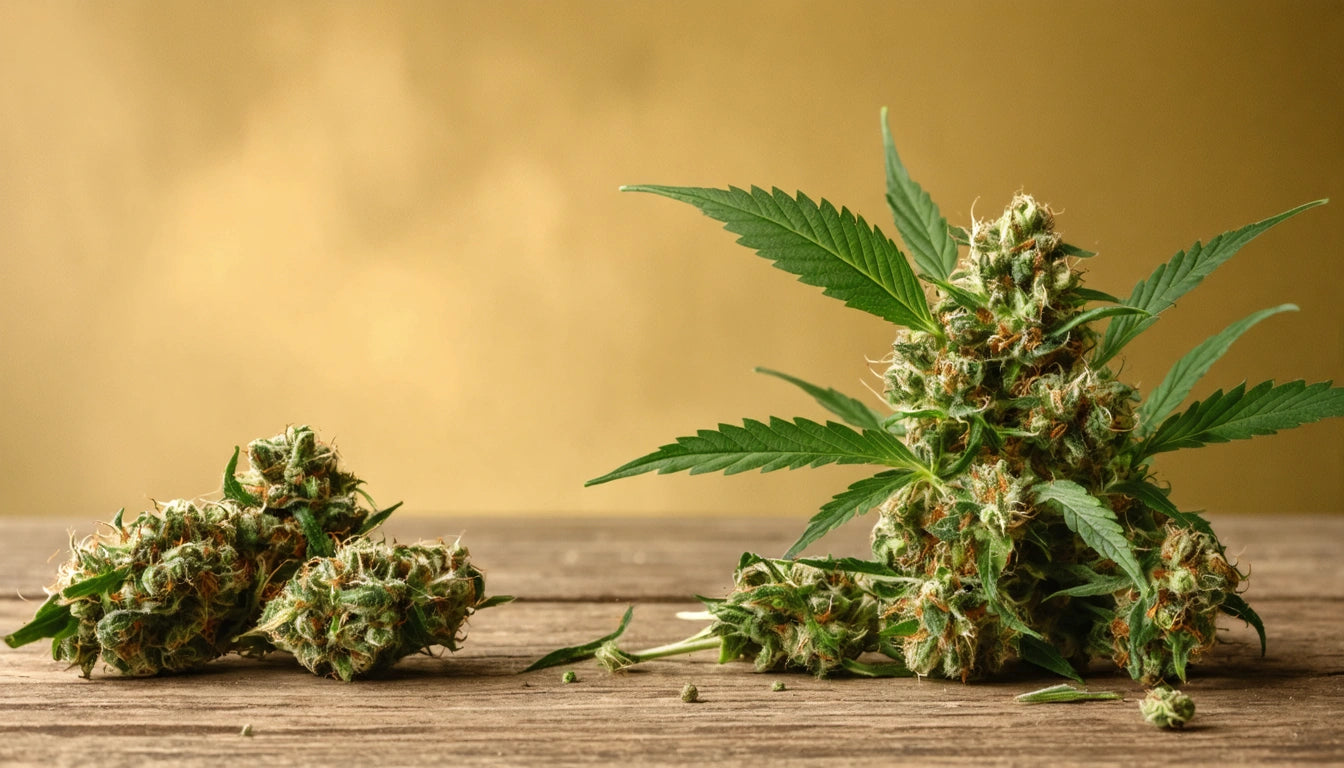 Green leafy plant with buds on a wooden surface, against a soft golden background
