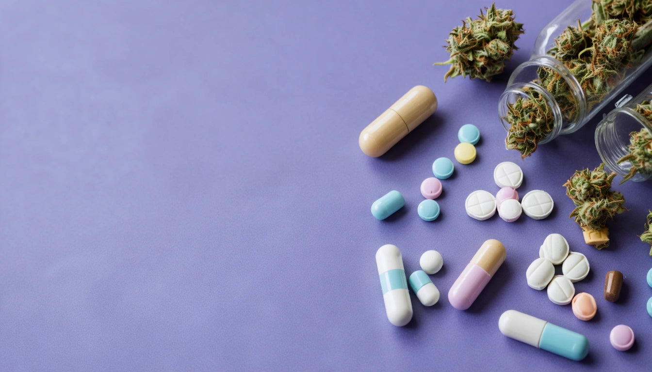 Pills and capsules scattered on purple surface, with open jar spilling dried herbs
