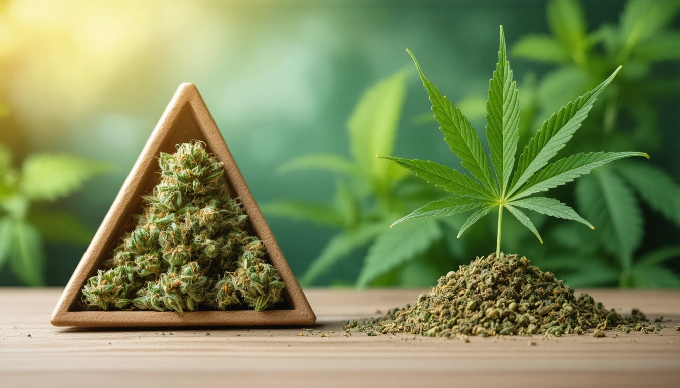 Wooden triangle filled with green buds next to a cannabis leaf on a pile of ground material, blurred green background