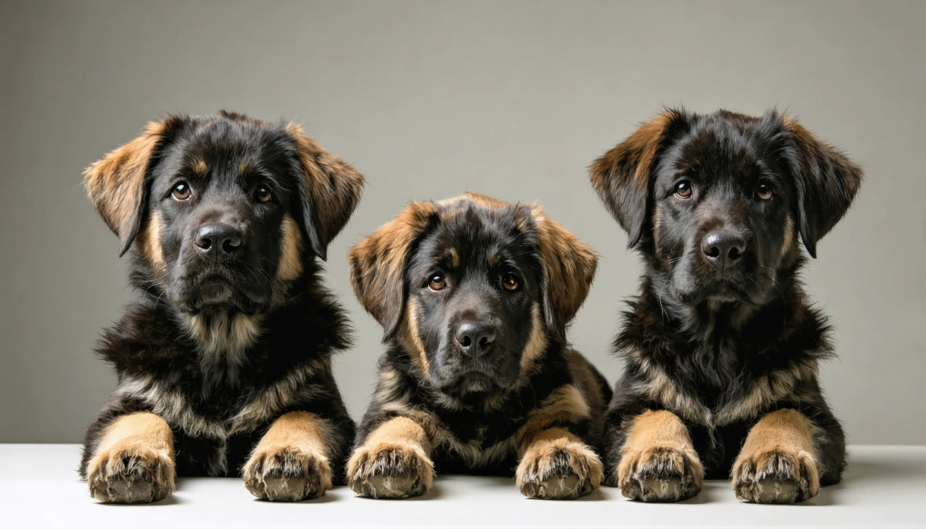 Three fluffy puppies with black and brown fur lying on a white surface, facing forward against a gray background