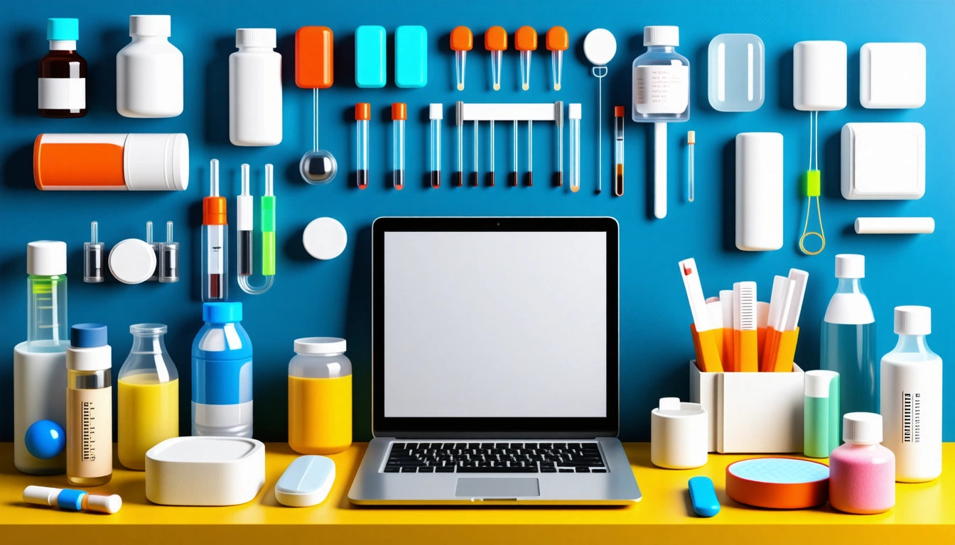 Laptop on yellow desk surrounded by colorful bottles, tubes, and containers against a blue wall