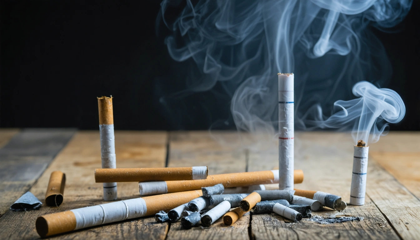 Several cigarettes, some lit with smoke rising, scattered on a wooden surface against a dark background