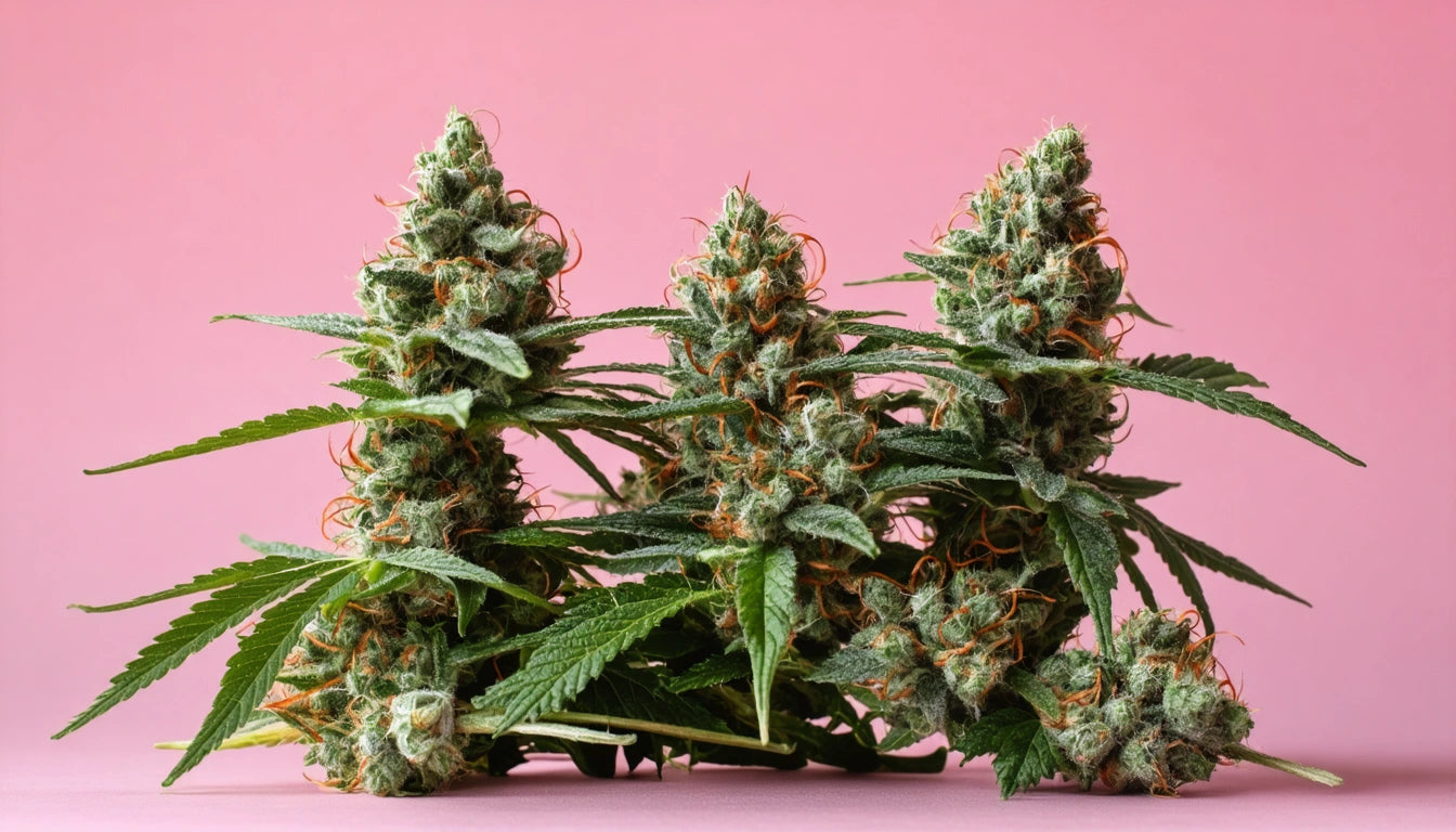 Four dense, green plants with orange hairs and leaves against a pink background