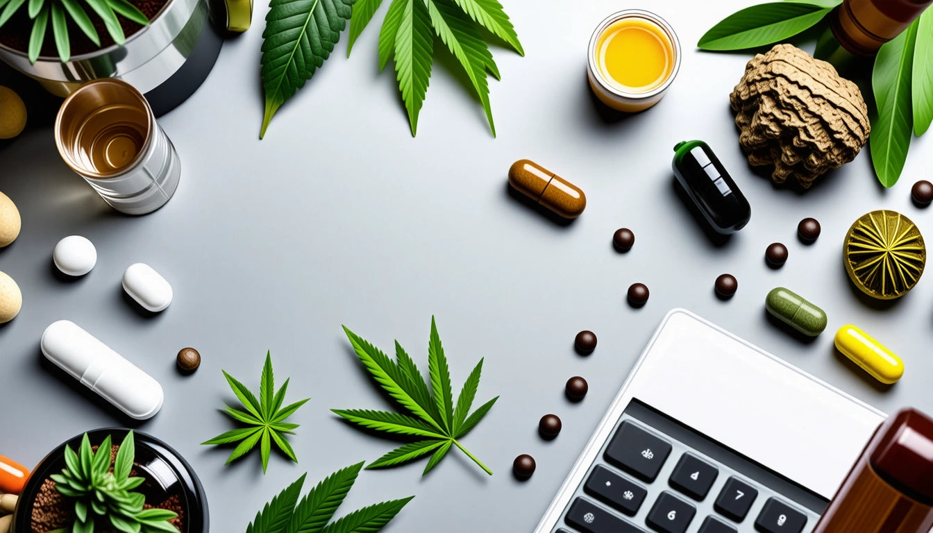 Cannabis leaves, pills, honeycomb, and a laptop keyboard on a gray surface