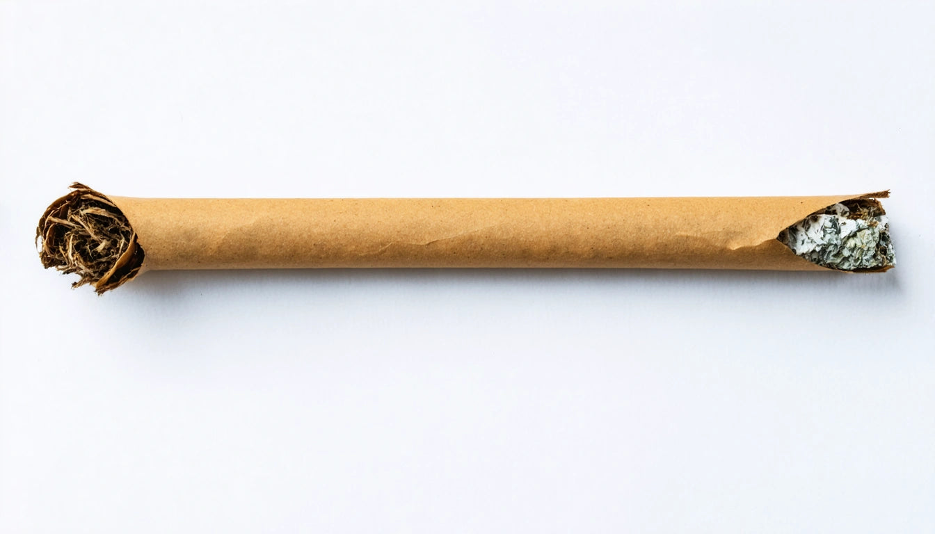 Brown paper tube with frayed end on left and crumpled foil visible on right, against white background