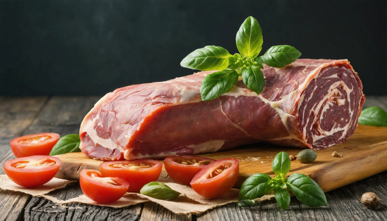 Raw marbled meat on wooden board with sliced tomatoes and basil leaves, dark background