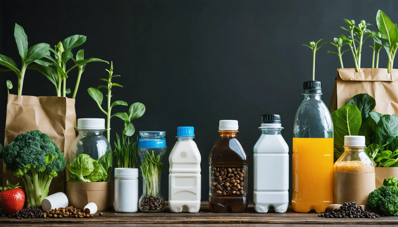 Various bottles and jars with liquids and plants, broccoli, and apples on a wooden surface against a dark background