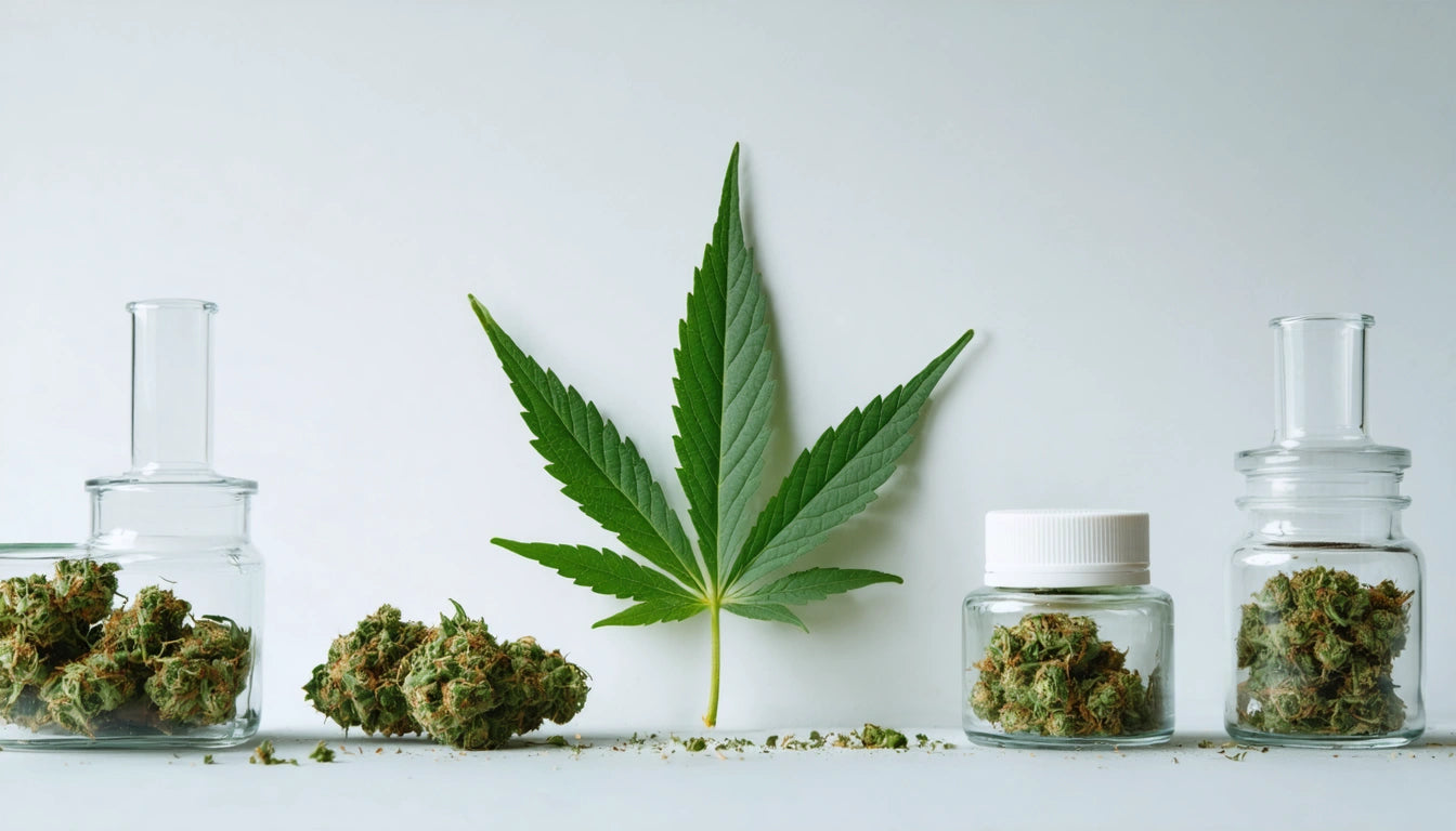 Green leaf centered between glass jars and scattered green buds on a white surface
