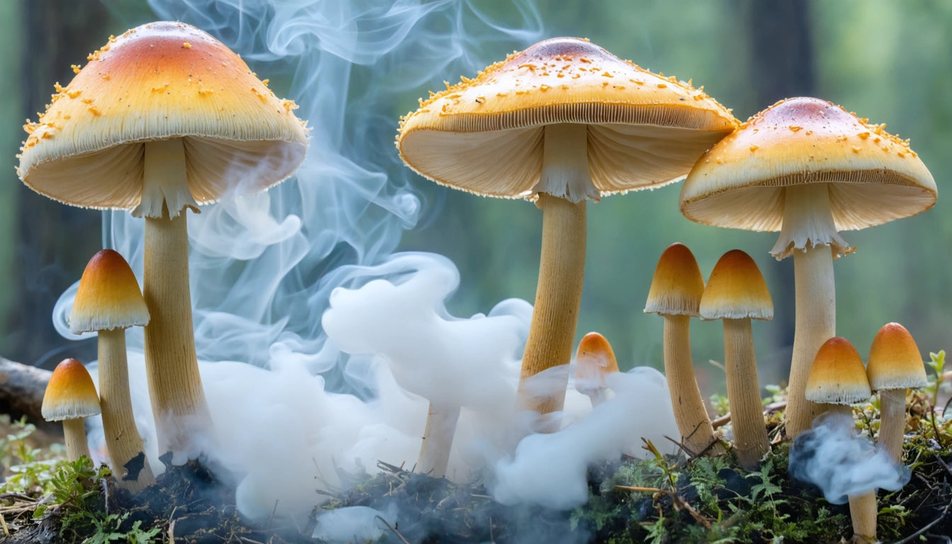 Cluster of mushrooms with orange caps and white stems, surrounded by swirling white mist, set against a blurred green background