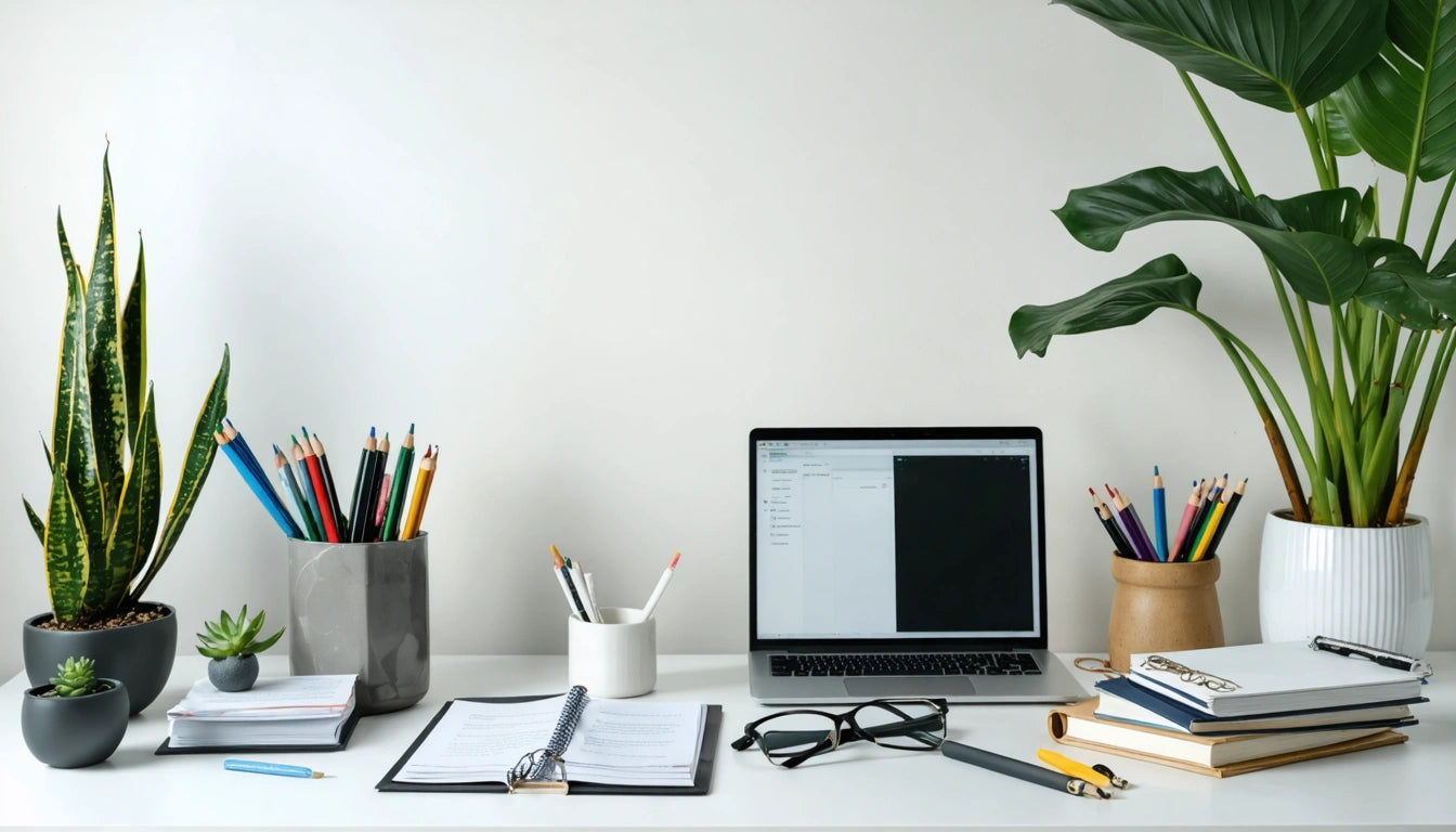 Laptop on desk with open notebook, glasses, pencils in holders, stacked books, and potted plants against a white wall