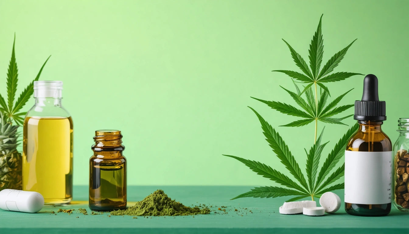 Glass bottles with liquid, green plant leaves, powder pile, and white pills on green surface against light green background