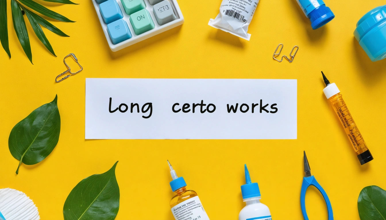 Yellow background with leaves, medical supplies, keyboard keys, and a white paper with "long certo works" in black text