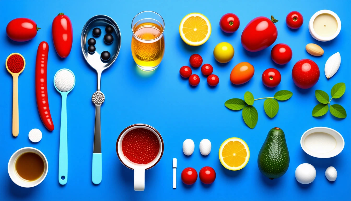 Various kitchen utensils and colorful fruits and vegetables arranged on a bright blue background