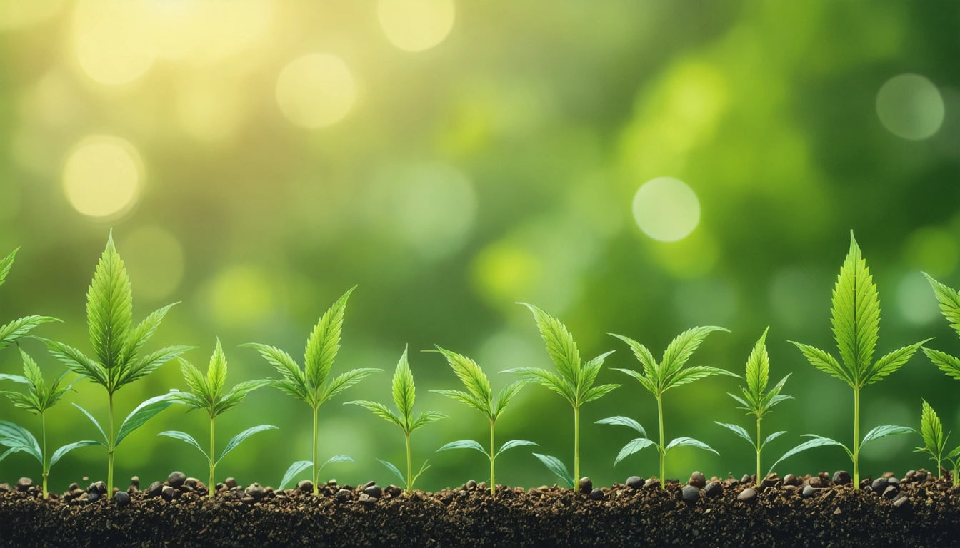 Young green plants sprouting in soil, with a blurred green and yellow background and soft sunlight filtering through