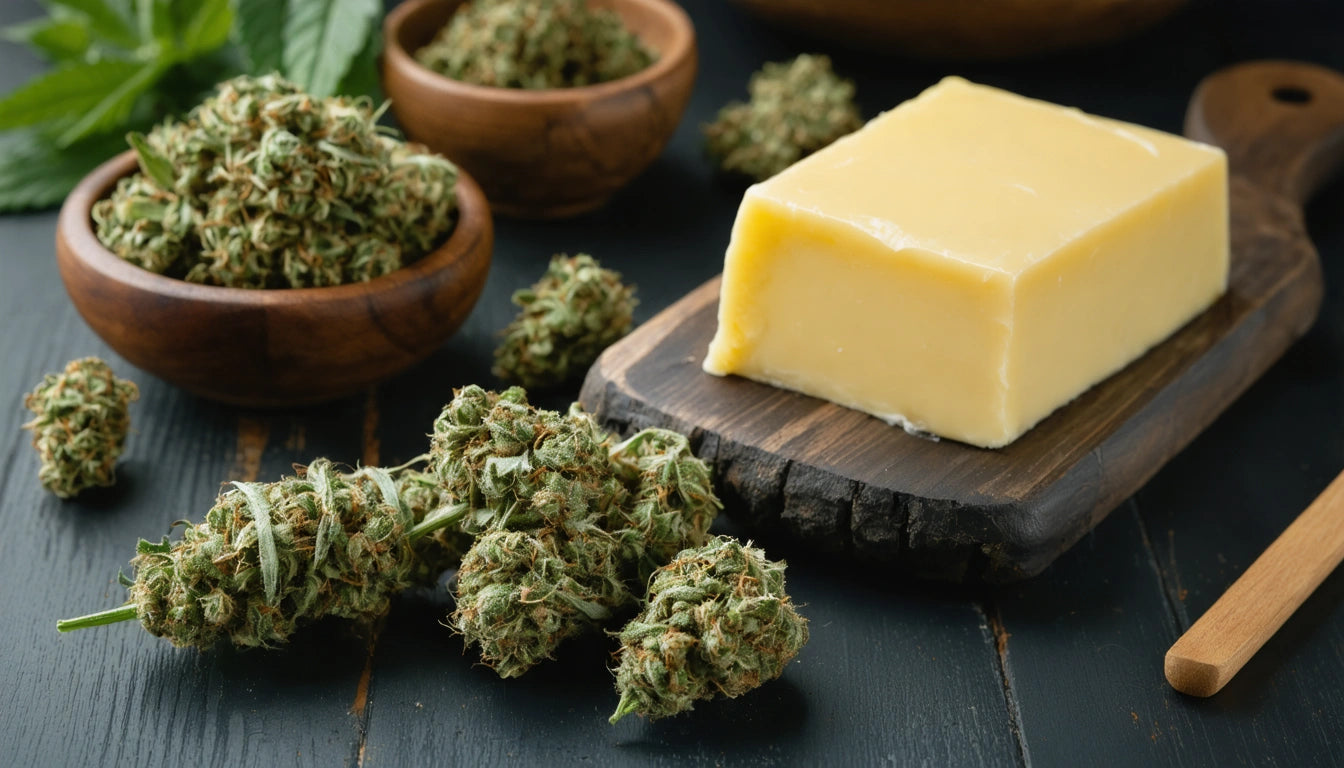 Block of yellow butter on wooden board, surrounded by green plant buds and wooden bowls on dark surface