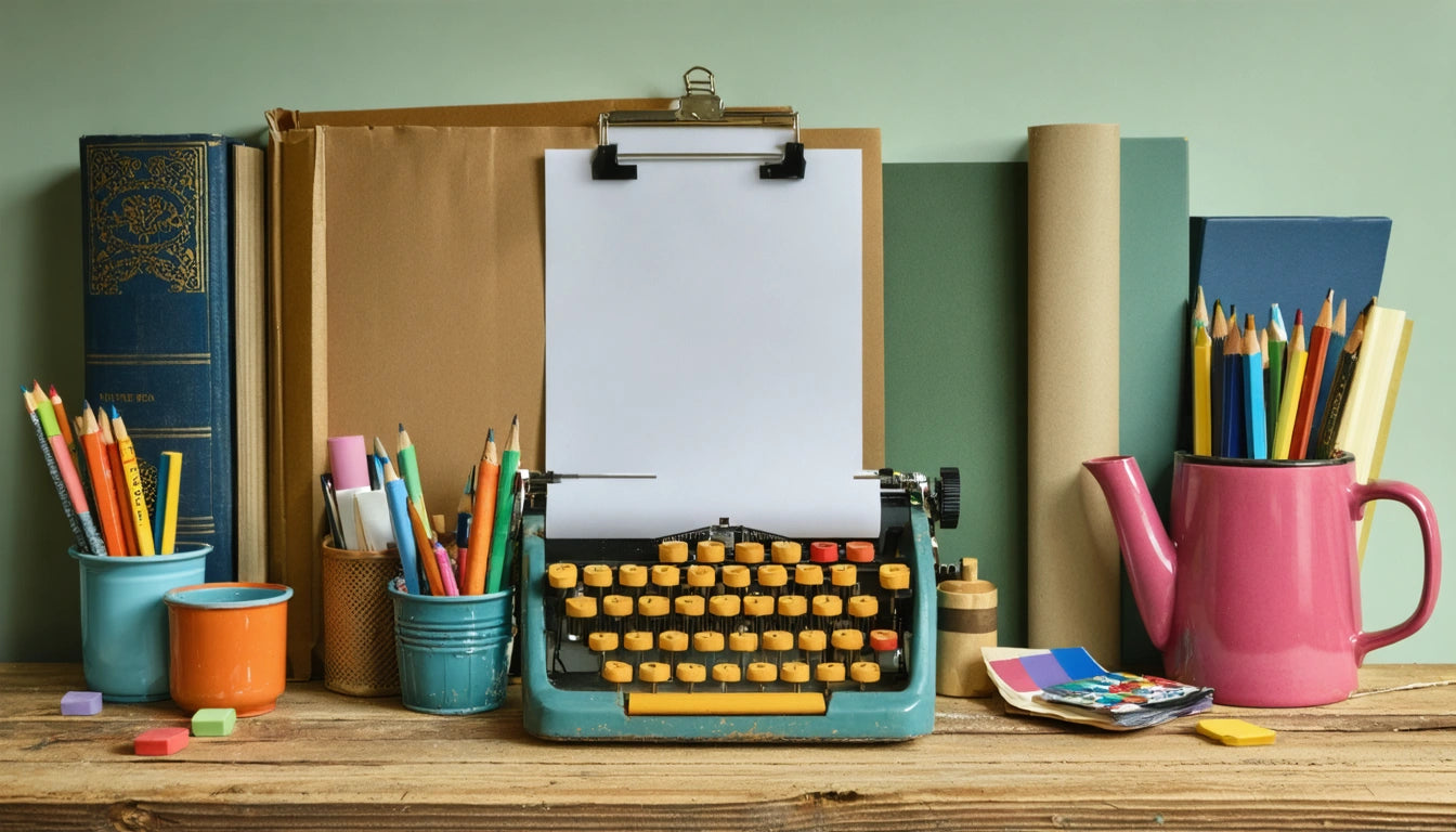 Vintage typewriter with yellow keys, blank paper on clipboard, colorful pencils in mugs, pink teapot, books, and rolled paper