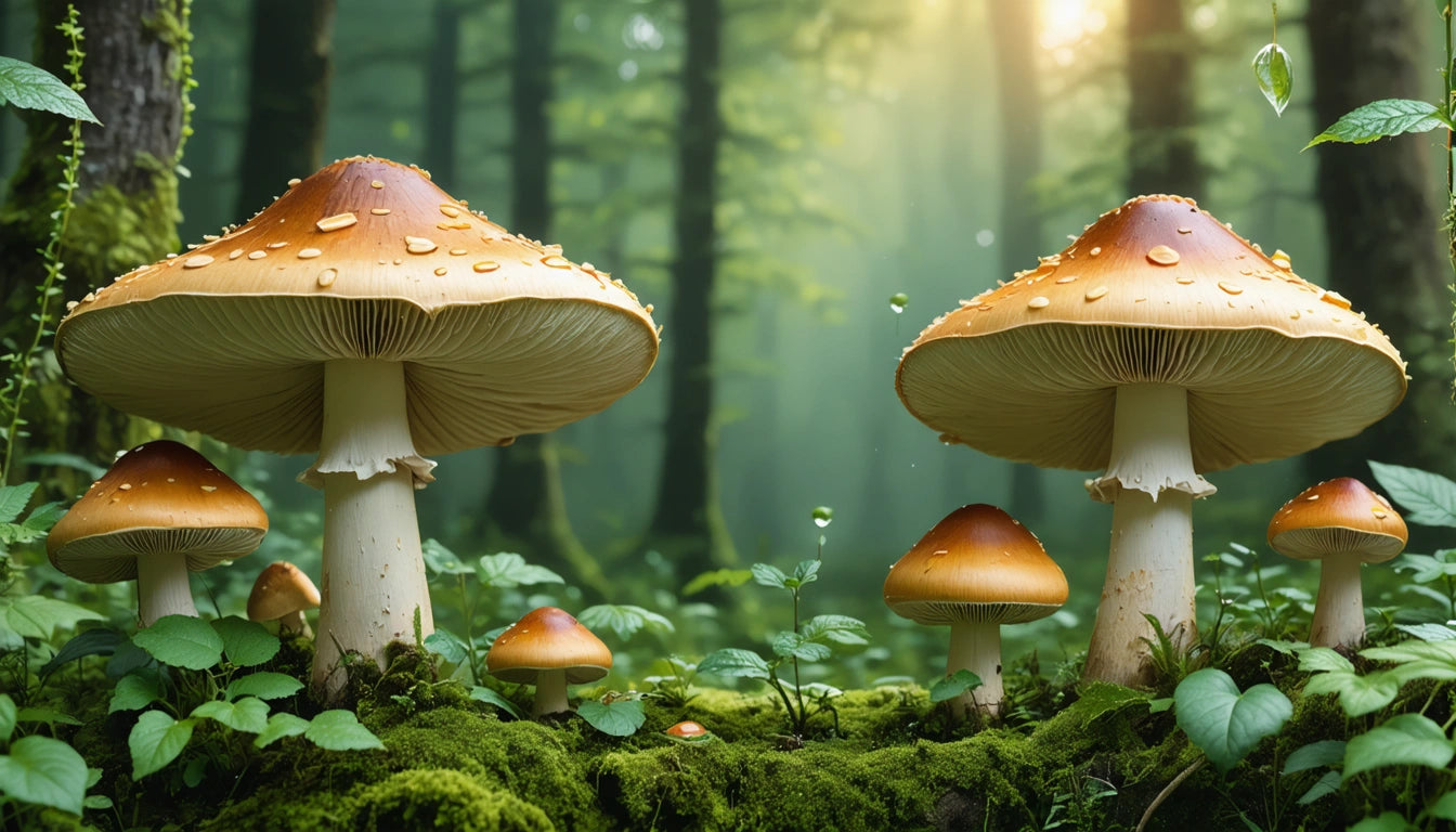 Large and small mushrooms with orange caps and white stems on mossy ground in a misty forest, sunlight filtering through trees