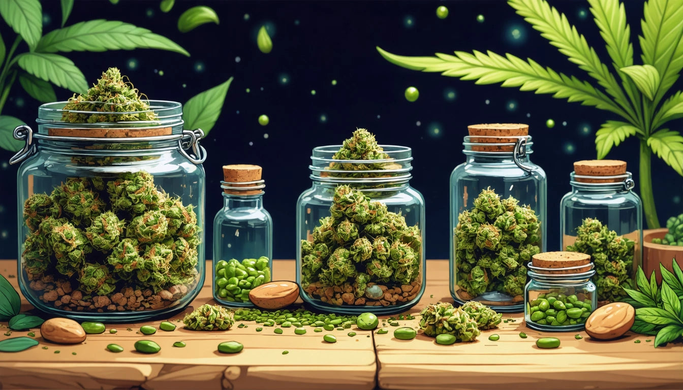 Glass jars filled with green buds and seeds on a wooden surface, surrounded by large green leaves against a dark background