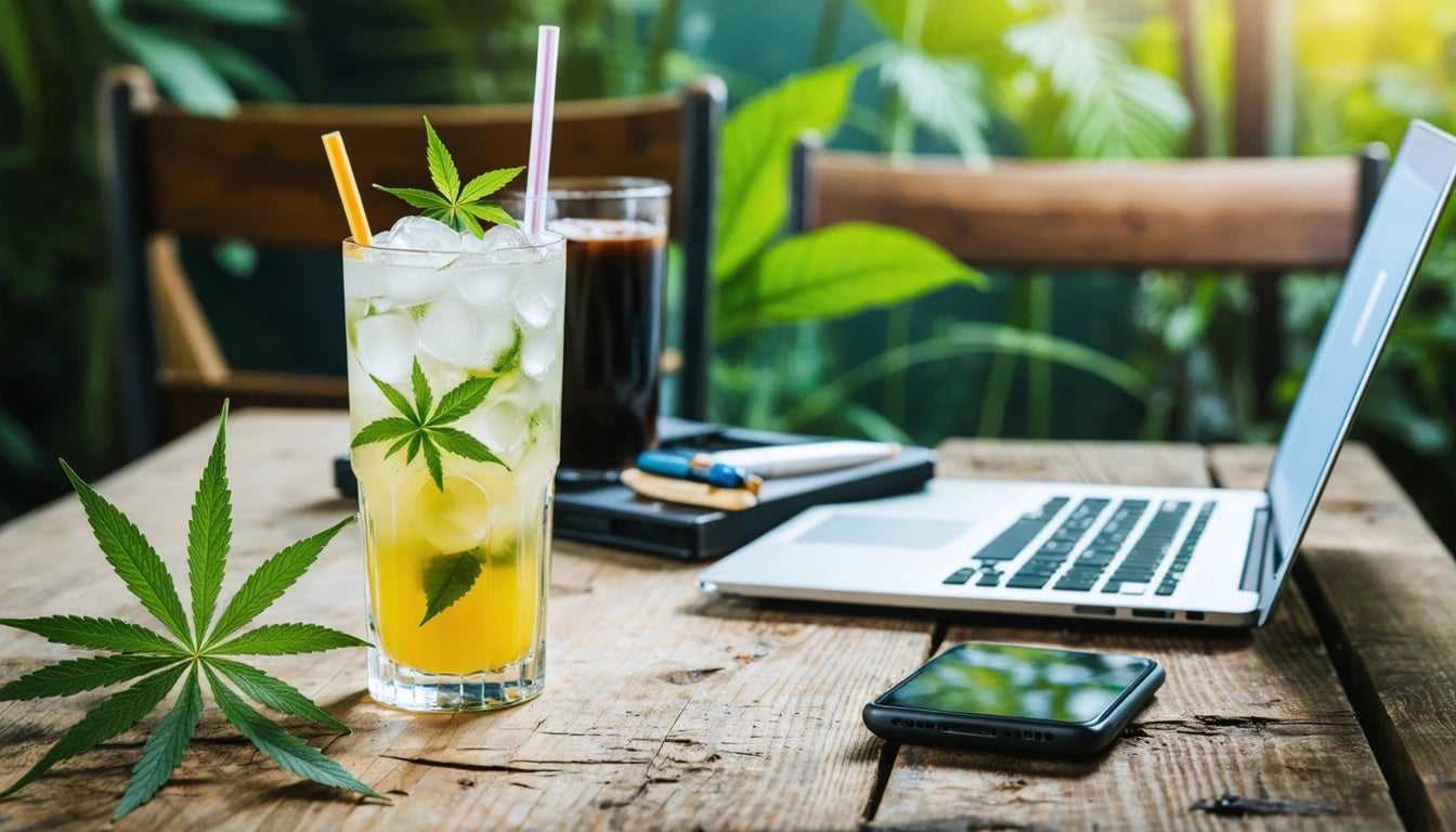 Iced drink with green leaves, straw, and ice on wooden table; nearby laptop, phone, and blurred plants in background