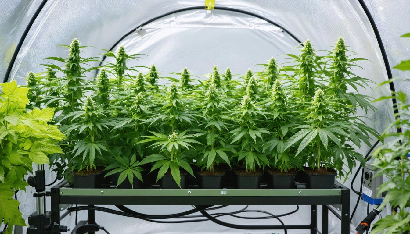 Rows of tall, green plants with pointed leaves inside a reflective tent, under bright lighting