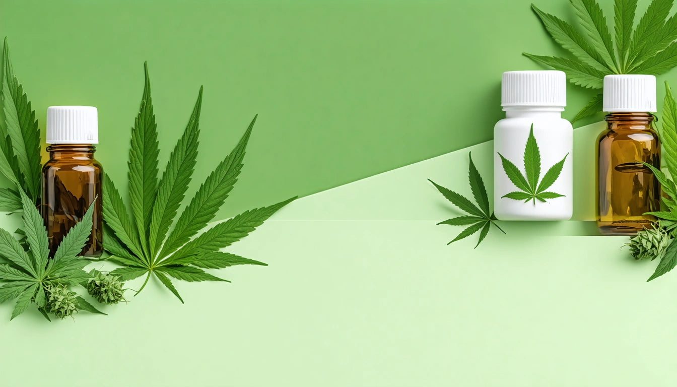 Two cannabis leaves, a white bottle, and two amber bottles on a green and light green background