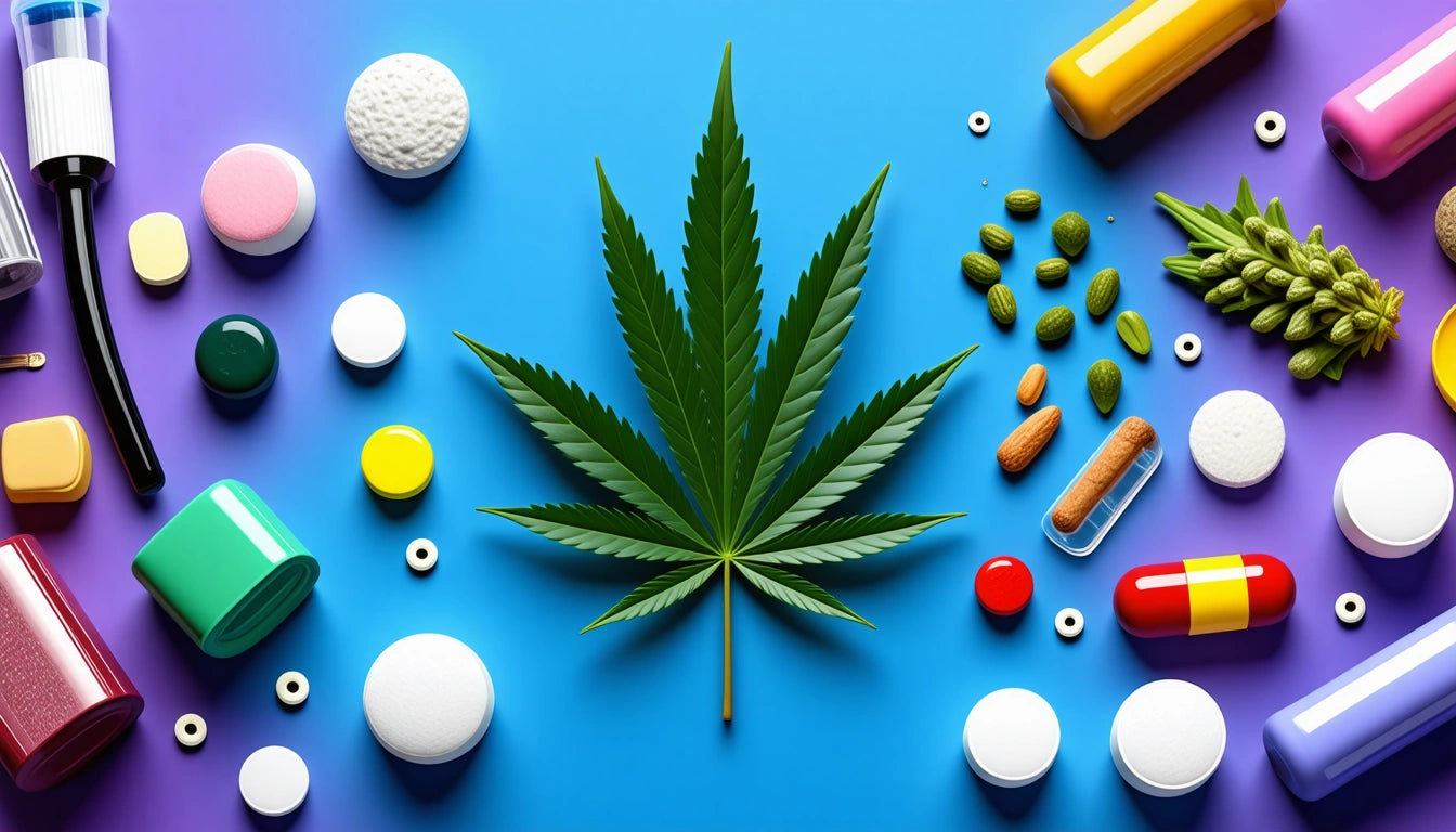 Green cannabis leaf centered on a gradient blue to purple background, surrounded by various colorful pills and capsules