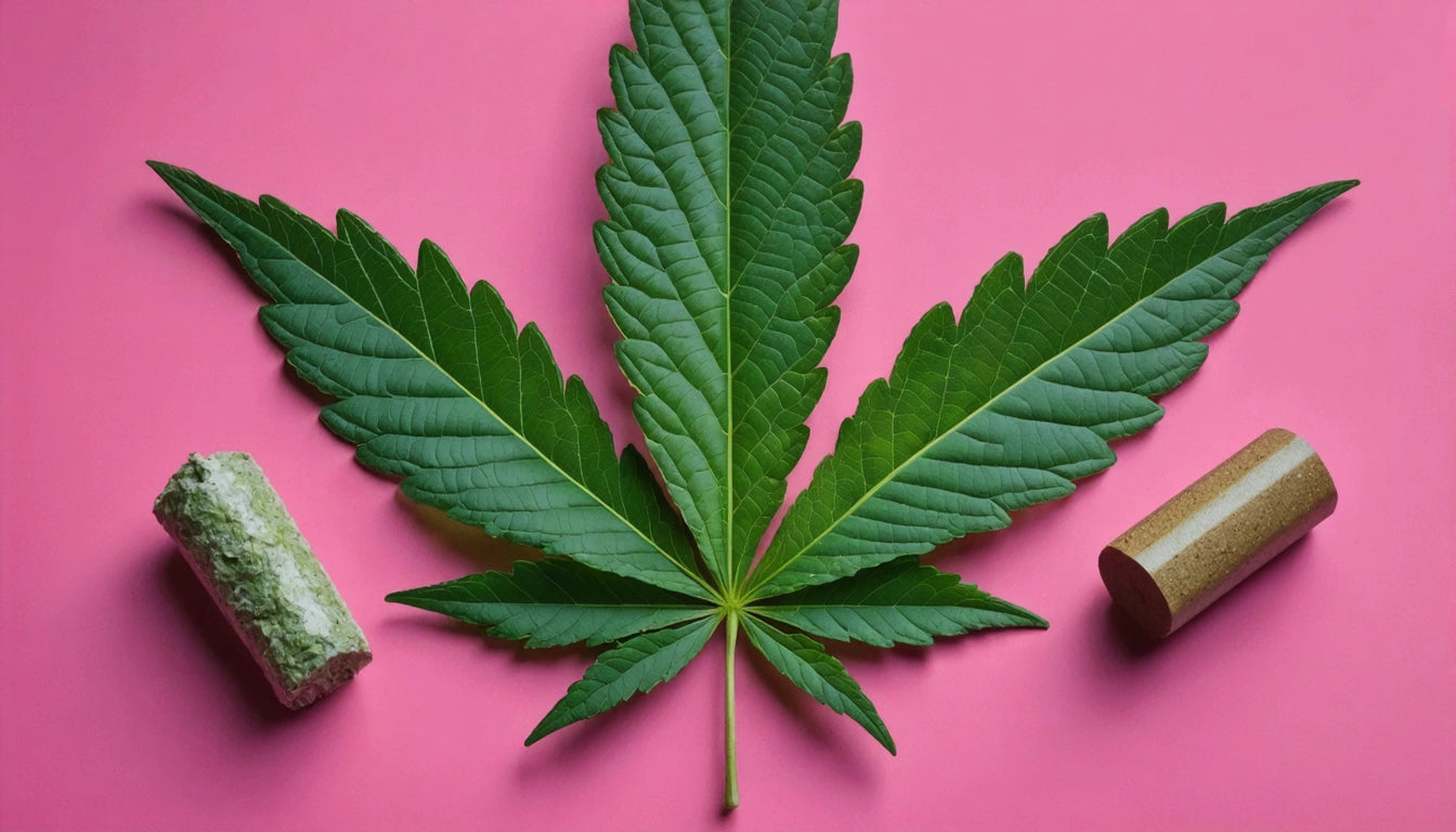 Large green leaf centered on pink background, flanked by a small green cylindrical object on the left and a brown one on the right