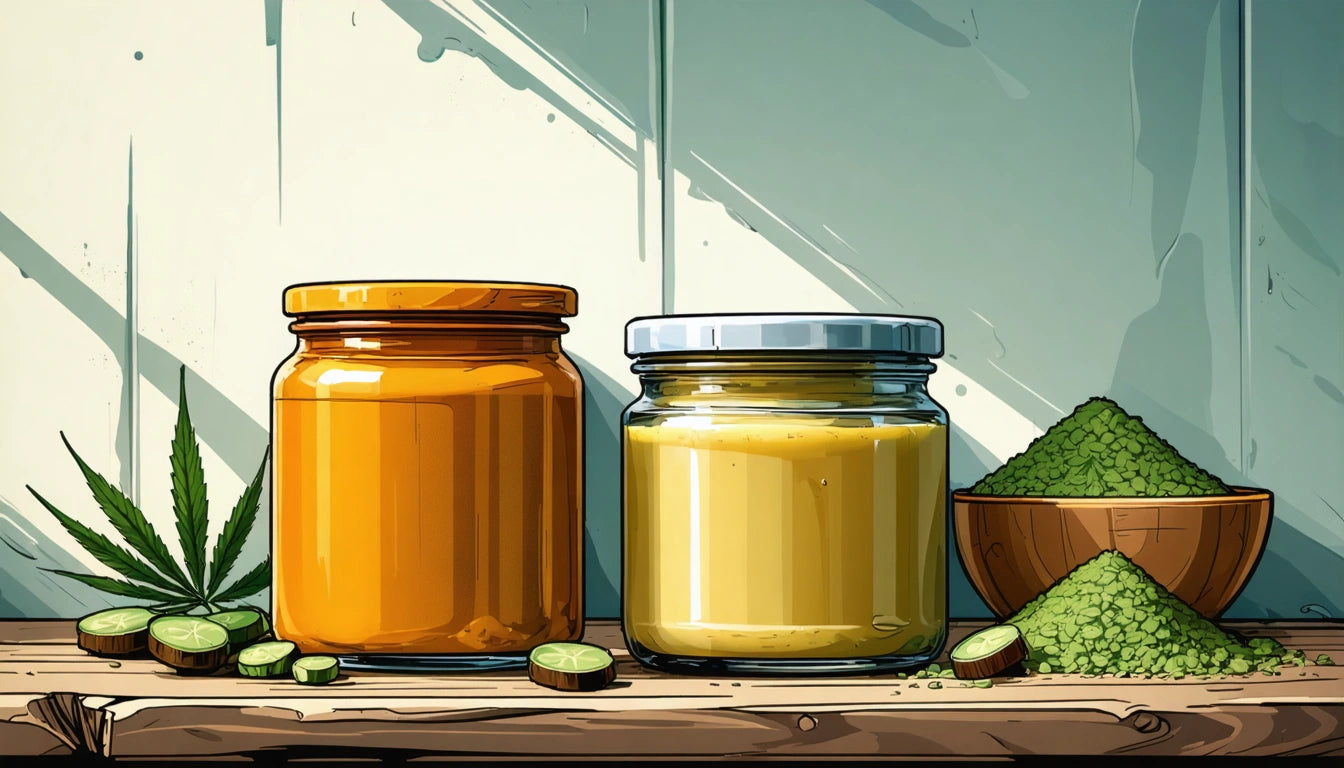 Two jars on a wooden shelf, one with an orange liquid and one with a yellow substance, next to sliced limes and a bowl of green powder