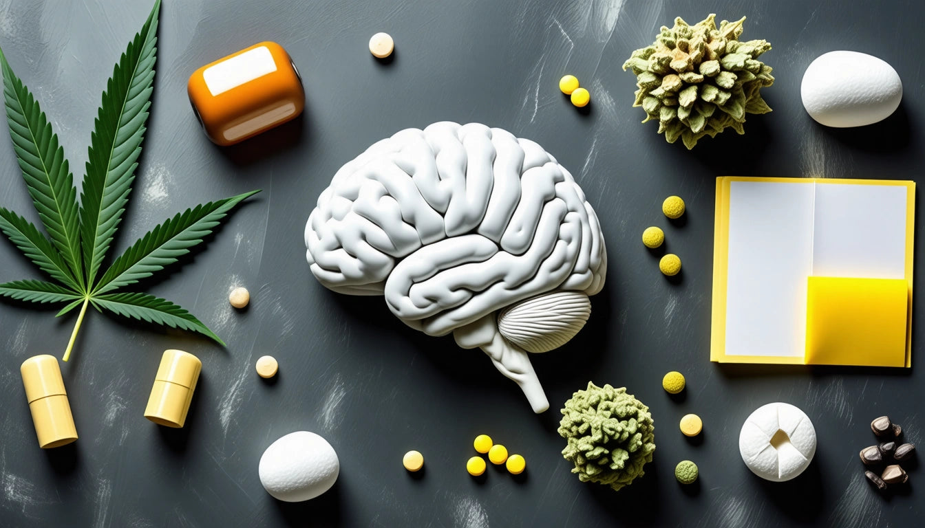 Gray brain model, cannabis leaf, pills, capsules, soap, and open yellow notebook on dark surface