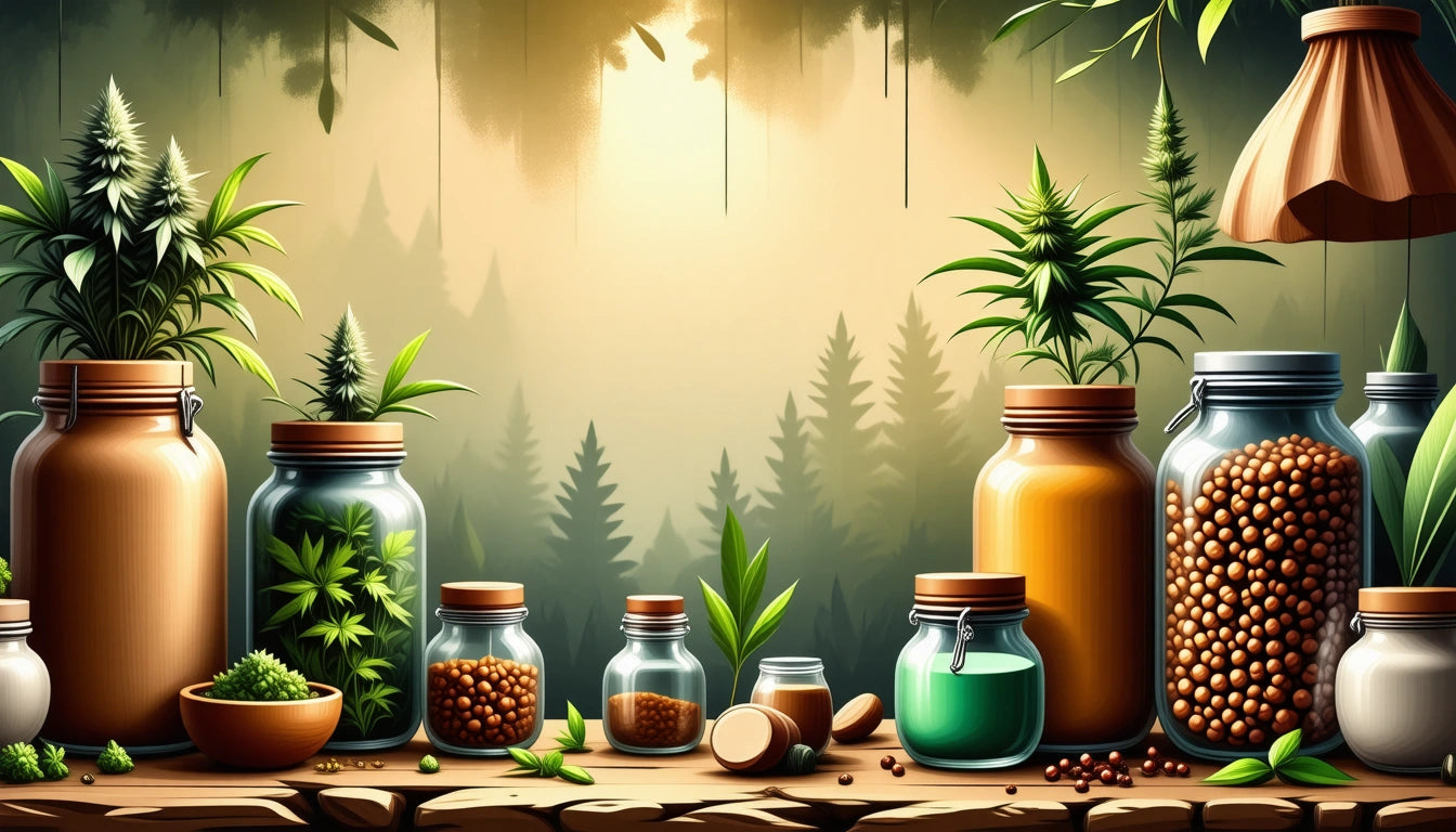 Jars filled with seeds and plants on a wooden table, with a forest backdrop and warm lighting