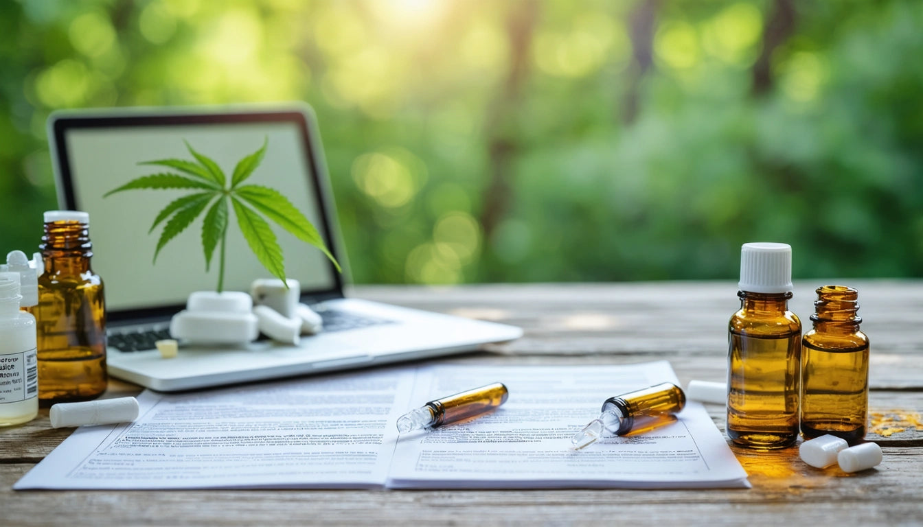 Open laptop with leaf image, pill bottles, and syringes on wooden table outdoors, blurred green background