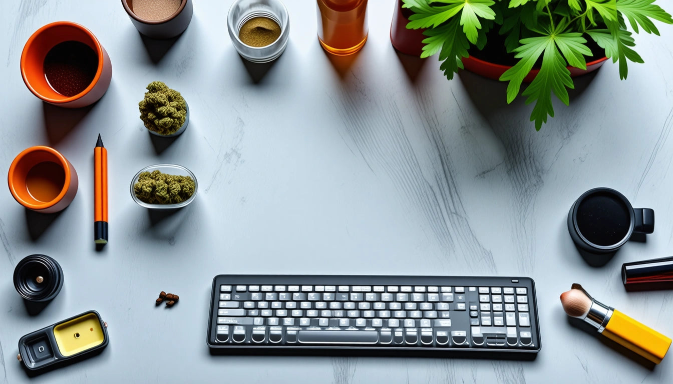 Keyboard on white surface surrounded by potted plants, coffee cup, jars, and small containers with green contents