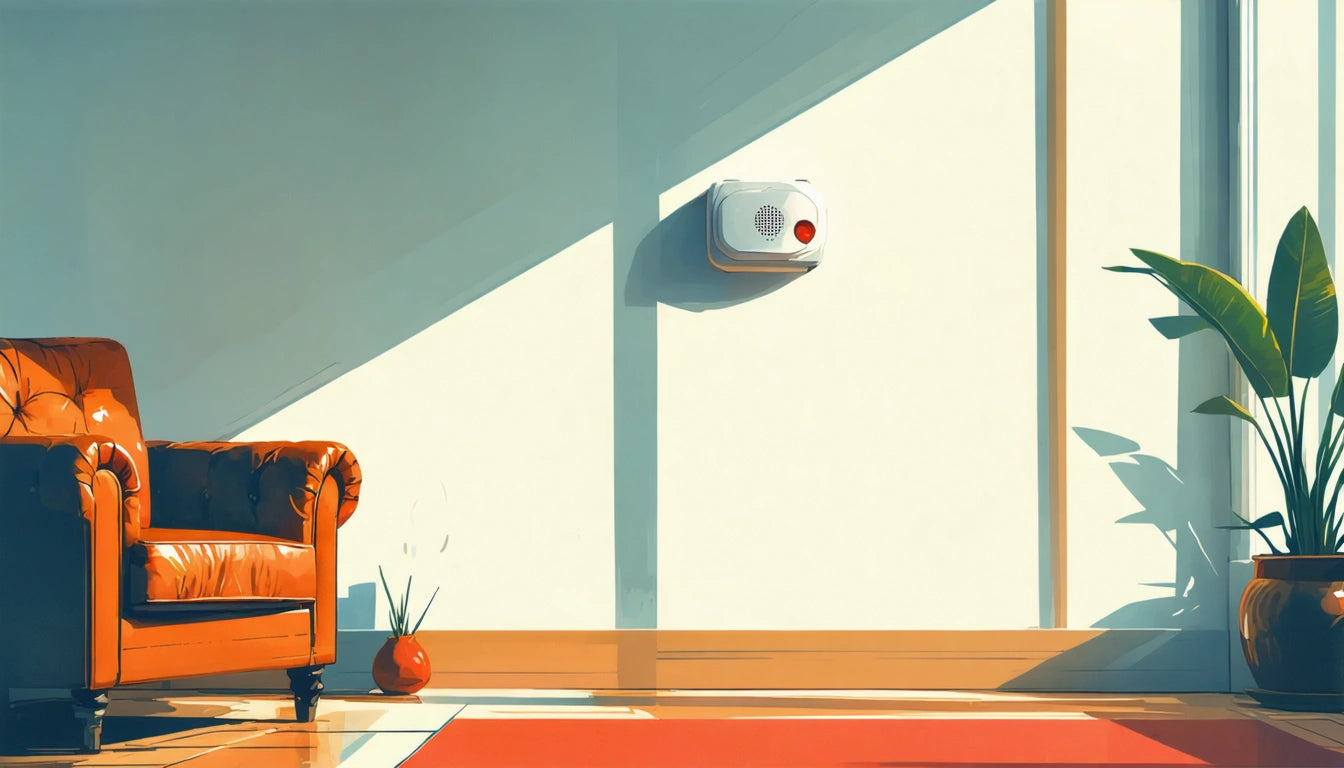 Orange leather chair and small plant on floor, wall-mounted device casting shadow, large plant by window, sunlight streaming in