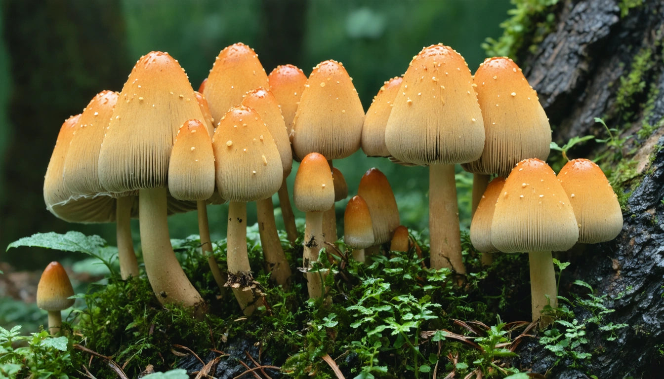 Cluster of orange-capped mushrooms with white stems growing on mossy ground near a tree trunk